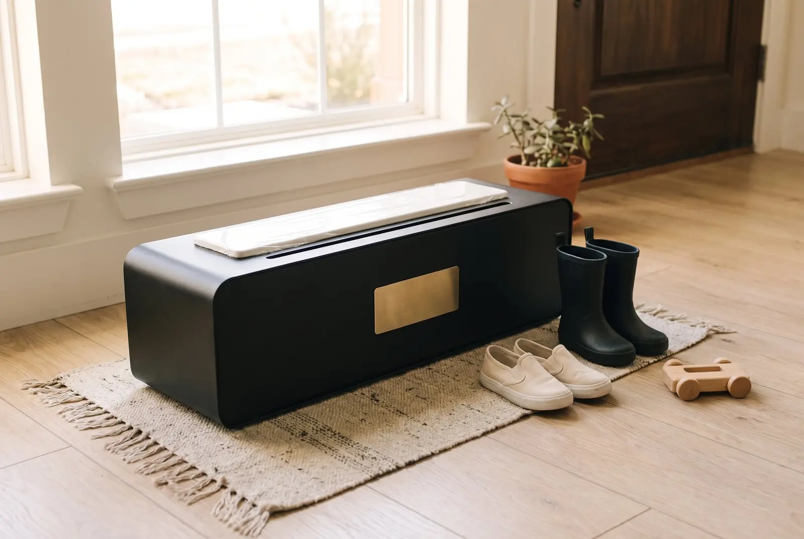 A family entry with a TidySteps unit by the door, a child's shoes on the mat and clean hardwood inside.