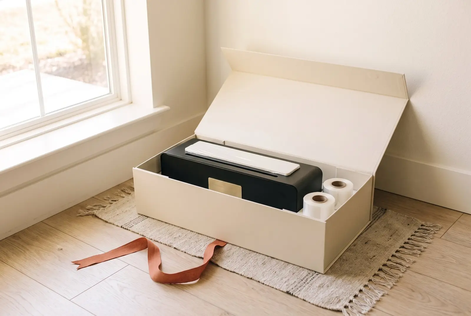 The TidySteps gift kit: one door unit and two refill rolls arranged in an open kraft box.
