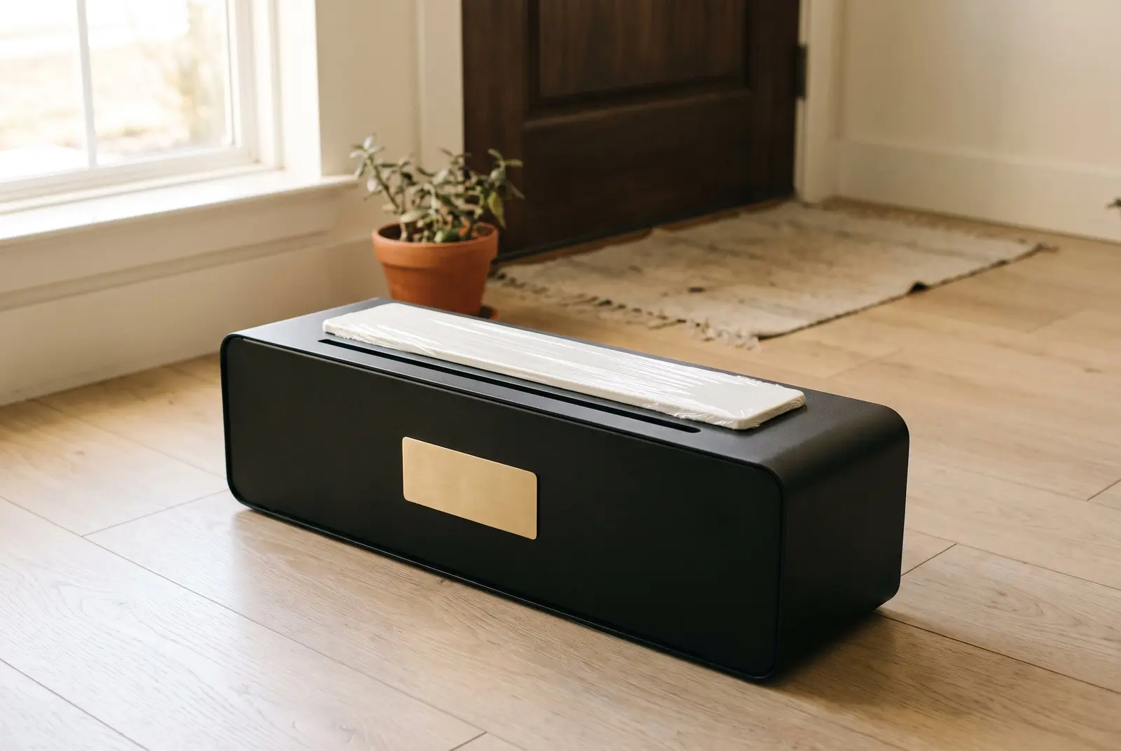 A TidySteps unit standing inside a front door on a bone-colored entry floor, the first clear cover open on its plate.