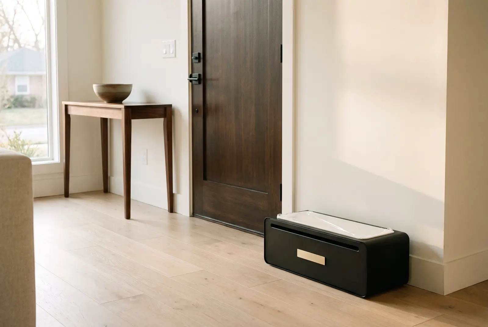 A wide view of an entry hall with a TidySteps unit beside the door, shoes on the mat and clean hardwood beyond.