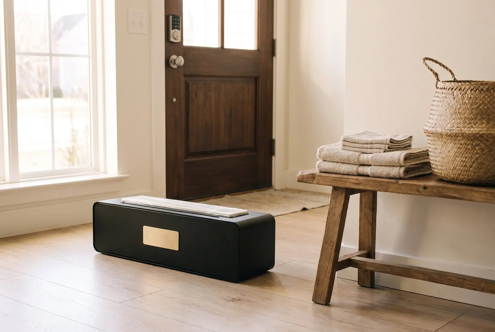 A TidySteps unit beside the entry of a furnished rental, a welcome mat in front and clean tile beyond.