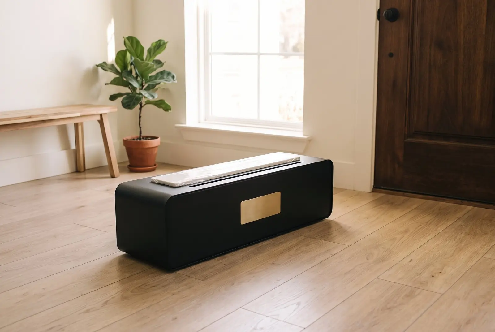 A TidySteps unit at the entrance of a clinic waiting room, placed beside the door on a clean tile floor.