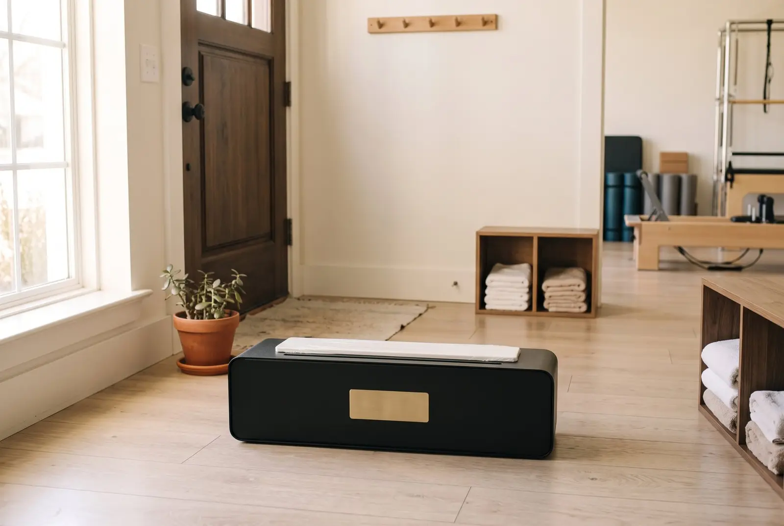 A TidySteps unit at the reception entry of a studio, the first cover open on the plate and clean flooring ahead.