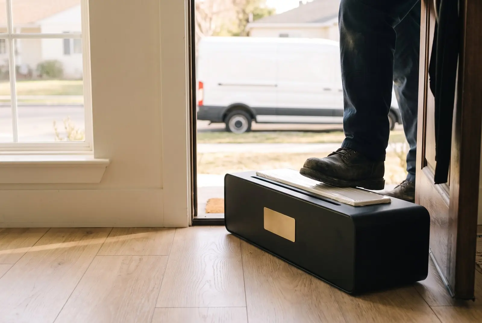 A TidySteps unit set on the floor of a service van beside the open side door, ready for the next call.