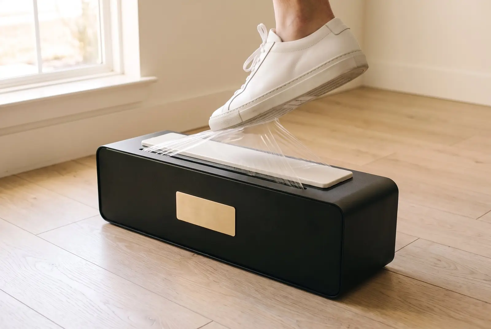 A foot lifting away from the TidySteps plate with clear film drawn tight across the sole.